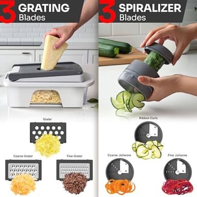 Mueller Pro-Series All-in-One, 12 Blade Mandoline Slicer for Kitchen, Food Chopper, Vegetable Slicer and Spiralizer, Cutter, Dicer, Grater, Kitchen Gadgets Sets with Container, White Sand/Gray - Image 5