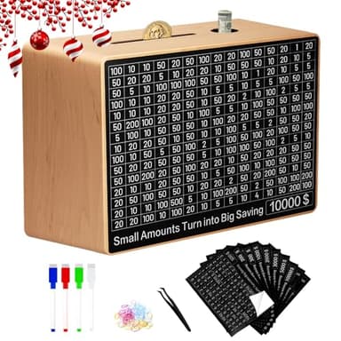 Large Money Saving Box,Wooden Piggy Bank Adults Savings Challenge Box with 10 Targets $200 to $10000 for Kids and Adults,Natural,9.1 x 6.7 x 3.2 Inches - Image 1