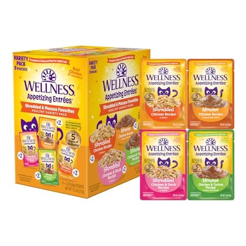 Wellness Appetizing Entrées Shredded & Mousse Adult Wet Cat Food, Natural, Protein-Rich, Grain Free, 1.4 Ounce Pouch, 8 Pack (Poultry Variety Pack) - Image 1