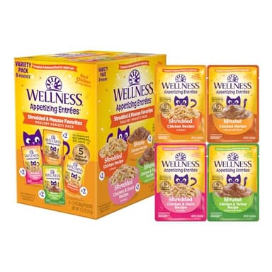 Wellness Appetizing Entrées Shredded & Mousse Adult Wet Cat Food, Natural, Protein-Rich, Grain Free, 1.4 Ounce Pouch, 8 Pack (Poultry Variety Pack) - Image 1