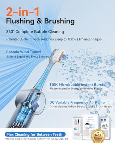RANVOO [Vibrating & Flossing 2-in-1] AirJet Bubble Sonic Electric Toothbrush, 100% Plaque Removal, White for Adult Protect Gum Orthodontic Teeth Clean Rechargeable Gift with 2 Soft Brush Heads Grey - Image 3