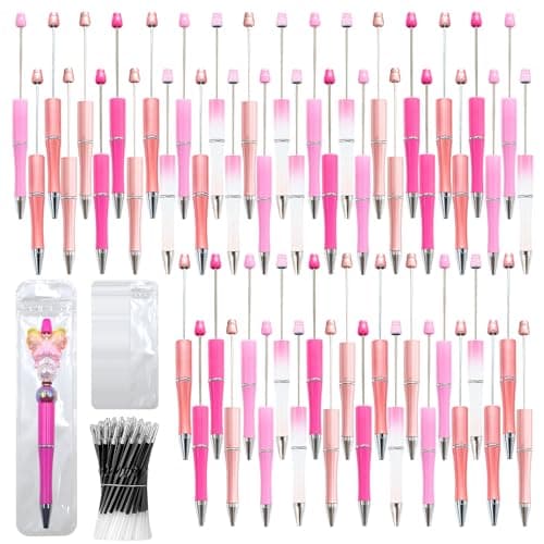 DASTTUIS 300 Pieces DIY Beadable Pen Kit – 100 Plastic Ballpoint Pens with Refills & Bags – School Supplies, Office Accessories & Decorative Items for Students & Teachers (Pink) - Image 1