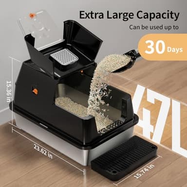 Eosarcu Stainless Steel Cat Litter Box with Lid, 180° Flip-Top XL Extra Large Enclosed Litter Box, Covered Metal High Sided Litter Pan with Steps & Scoop, Easy Cleaning, Odor Control,Non-Sticky-Black - Image 4
