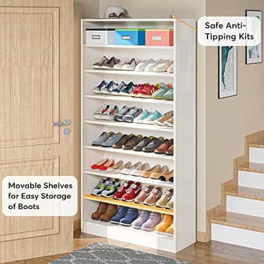 Tribesigns Shoe Cabinet, 9 Tiers 40-45 Pairs Heavy Duty Wood Freestanding Shoe Storage Cabinet, 70.8'' Tall Shoe Cabinet with Open Storage for Entryway, White - Image 4