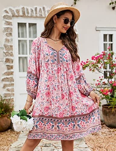 Bluetime Women Beach Casual V Neck Dress 3/4 Sleeve Summer Floral Dress Loose Plus Size Boho Dresses (XXL, Pink) - Image 3