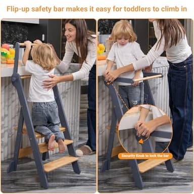 COSYLAND Foldable Toddler Standing Tower - Adjustable Height Folding Step Stool Kids Toddler Kitchen Stool Helper for Learning and Cooking - Ages 18 Months to 6 Years with Safety net Natural & Grey - Image 6