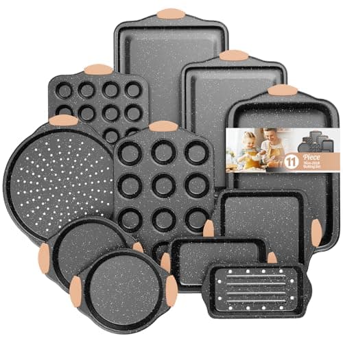 Slow Slog 11-Piece Baking Pans Set, Nonstick Bakeware Sets, Oven Pans for Baking with Silicone Handles, Includes Cookie Sheet, Cake Pans, Loaf Pan, Pizza Pan, Muffin Pan, Khaki&Black - Image 1