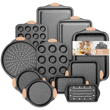 Slow Slog 11-Piece Baking Pans Set, Nonstick Bakeware Sets, Oven Pans for Baking with Silicone Handles, Includes Cookie Sheet, Cake Pans, Loaf Pan, Pizza Pan, Muffin Pan, Khaki&Black - Image 1