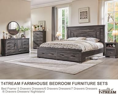 T4TREAM Farmhouse Queen Size Bed Frame with 54" Tall Geometric Headboard & 2 Large Storage Drawers, Rustic Wood Platform Bed with Wood Slats Support, No Box Spring Needed, Dark Rustic Oak - Image 3