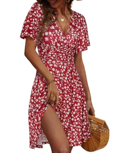 FENSACE Sundresses for Women 2025 Summer Red Floral Wrap V Neck Fit and Flare Dress(Red,Small) - Image 1