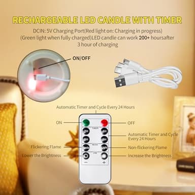 200 Hours Rechargeable Flickering Flameless Candles, Rechargeable Battery LED Glass Pillar Candle with Remote and Timer, Real Wax Warm Color for Halloween Christmas Wedding Home Party Decor - Image 8
