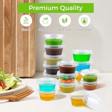 Dealusy 360 Set 2 oz Jello Shot Cups with Lids, Sturdy & Food Safe Disposable Plastic Portion Condiment Dipping Sauce Cups, Small Containers for Salad Dressing - Image 3