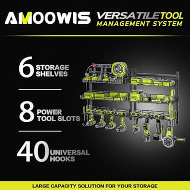 Amoowis Power Tool Organizer with Charging Station, 4 Outlet Power Strip, 5 Min Fast Assembly ＆ Max 35lb by Heavy Duty 2 Pack, 8 Slots for Drill Holder in Garage/Pegboard Suitable for Husband Birthday - Image 3