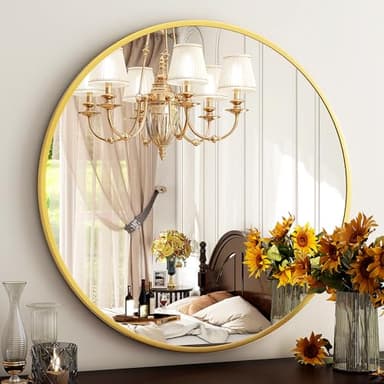HARRITPURE Round Mirror 30 Gold Wall Mounted Circle Mirrors Vanity Mirror with Brushed Aluminum Alloy Frame Modern Decoration for Bathroom, Living Room, Vanity, Bedroom, Entryway - Image 3