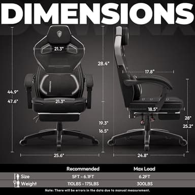Dowinx Fabric Gaming Chair with Footrest, Big and Tall Ergonomic Gamer Chair with Lumbar Support, Wide Back Computer Chair for Heavy People, Black - Image 3