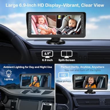 Dual Baby Car Camera for 2 Kids - 6.9'' Split Screen Ultrawide HD Display with Two Cameras, Easy Setup, Rotatable Night Vision Cameras, Ideal for Parents, Grandparents, Safe & Clear Viewing - Image 7