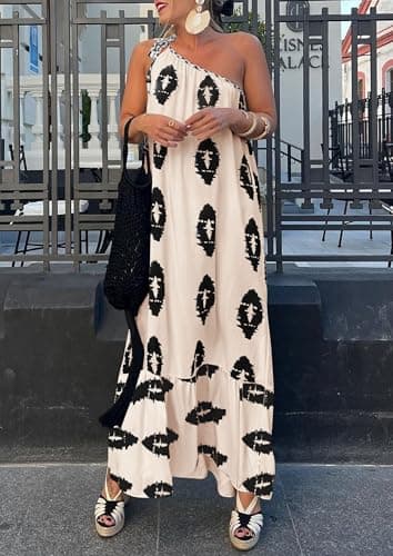 PRETTYGARDEN Women's Summer One Shoulder Maxi Dresses Printed Flowy Boho Beach Vacation Long Sundress (Beige Black Floral,X-Large) - Image 3
