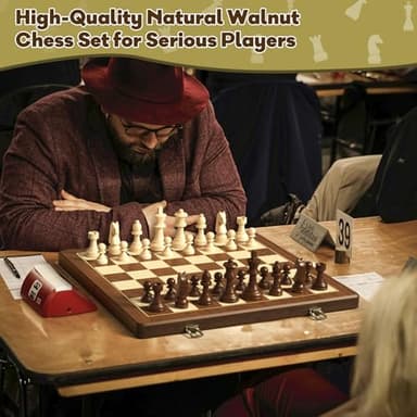 Premium Natural Walnut 15" Magnetic Wooden Folding Chess & Checkers Set- 2 in 1 Board Game with 3" King Staunton Pieces and 2 Extra Queens, Checkers, and Dust-Proof Storage Bag (Black) - Image 3