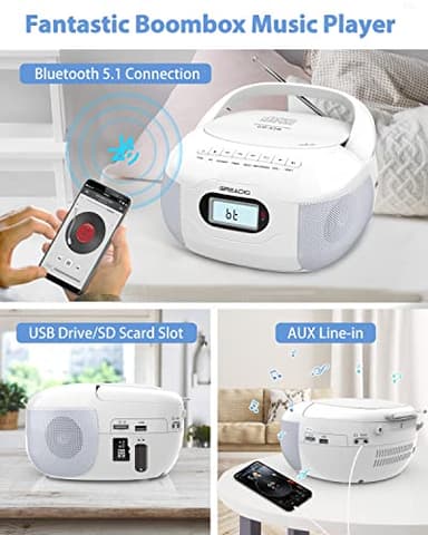 Greadio Boombox CD Player, Portable FM Radio CD Player with Bluetooth 5.1, LCD Display, AC Cord/Dry Battery Operation, TF/USB/AUX Port, Headphone Jack, CD-R/CD-RW Compatible for Home,Senior,Kids - Image 3