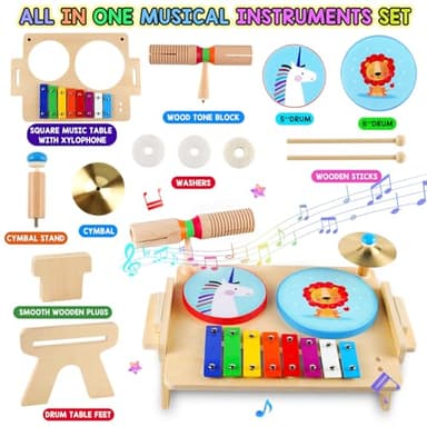 DIFFYBOX Kids Drum Set, Baby Musical Instruments Toys for Toddlers, 7 in 1 Wooden Xylophone Toddler Drum Set Percussion Instruments Musical Toys Birthday Gifts for Children Boys and Girls - Image 2