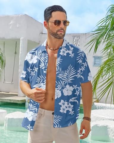 BOJIN Men's Hawaiian Wrinkle Free Short Sleeve Button Down Tropical Floral Beach Vacation Shirt White Flower Blue 2X - Image 3