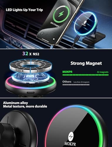 MOKPR for Magsafe Car Mount Charger-15W Wireless Car Charger-Magnetic Car Phone Holder for Dash Air Vent-LED RGB HandsFree Car Mount Fast Car Charger for iPhone 14/13/12 Series - Image 7