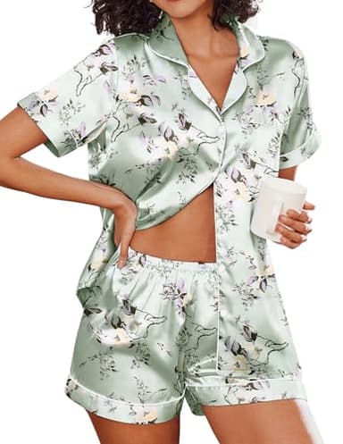 Ekouaer Pajamas Set Womens Silk Soft Sleepwear Satin Short Sleeve Button Up Top and Shorts Nightwear 2 Piece Pjs Set,Floral Light Green,Large - Image 1