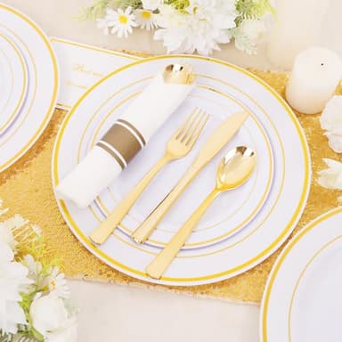 DaYammi 350PCS Gold Plastic Dinnerware Set for 50 Guests, Fancy Disposable Plates for Party, Include: 50 Dinner Plates, 50 Dessert Plates, 50 Pre Rolled Napkins with Gold Silverware, 50 Cups - Image 2