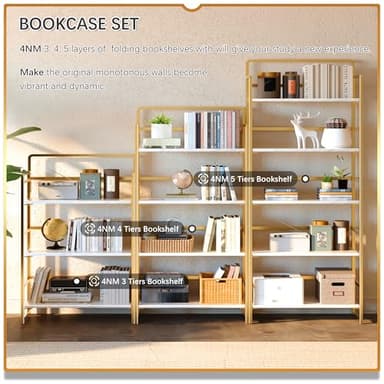 4NM No-Assembly 5 Tiers Folding Bookshelf Storage Shelves Vintage Bookcase Standing Racks Study Organizer Home Office (White Gold) - Image 5