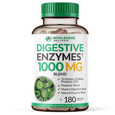 Wholesome Wellness Digestive Enzymes 1000MG Plus Prebiotics & Probiotics Supplement, 180 Capsules, Organic Plant-Based Vegan Formula for Digestion & Lactose with Amylase & Bromelain,3-6 Months Supply - Image 1