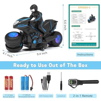 Eulogia Remote Control Motorcycle Toys New Upgraded RGB Wheels Lights, RC Motorbike with 2-in-1 Remote, Gesture Sensing Stunts Dirt Bike, 360° Rotating High Speed Motocross Car for Boys Girls Gift - Image 2