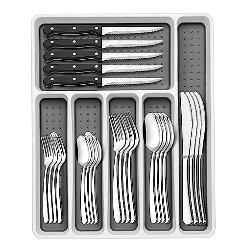 49-Piece Silverware Set with Organizer, Heavy Duty Stainless Steel Flatware for 8, Cutlery Utensil Sets with Steak Knives, Rust-proof, Mirror Polished, Dishwasher Safe - Image 1