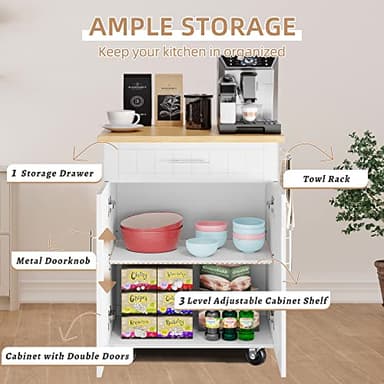 Shintenchi Kitchen Island Cart with Storage,Rolling Side Table on Wheels with Large Worktop, Cabinet,Towel Rack and Drawers for Kitchen,Dinning Room, White - Image 2
