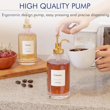 16.9 oz (500 ml) Coffee Syrup Dispenser Set- 4 Glass Bottles with Gold Pumper and Syrup Labels - Precise Dispensing and Stylish Addition to Coffee Shop, Cafe or Home Bar - Image 3