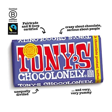 Tony's Chocolonely 42% Dark Milk Chocolate Bar with Pretzel and Toffee Belgium Chocolate, No Artificial Flavoring, Fairtrade & B Corp Certified - 6.35 Oz - Image 4