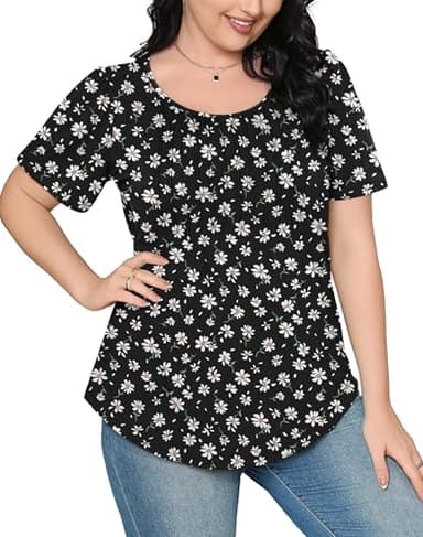 Womens Summer Tops Short Sleeve Shirts Floral Pleated Front Dressy Casual Blouses Fashion Outfits Black L - Image 4