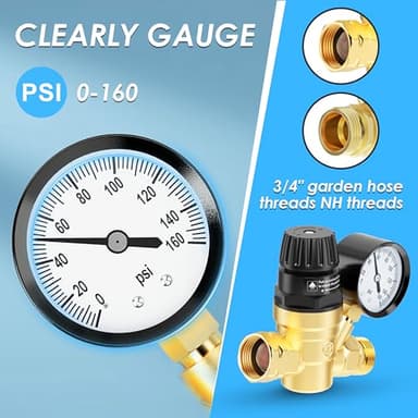 AOLINK RV Water Pressure Regulator Valve, Brass Lead-Free Adjustable Water Pressure Reducer with Gauge and Inlet Filter for RV Camper and Travel Trailer - Image 2