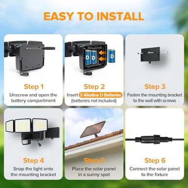 UME Hybrid Solar and Battery Powered Motion Sensor Outdoor Lights, 302 LED 1800LM, IP65 Waterproof, 3-Head Motion Activated LED Flood Lights, Energy Efficient Hybrid Security Light for Garden, Patio - Image 6