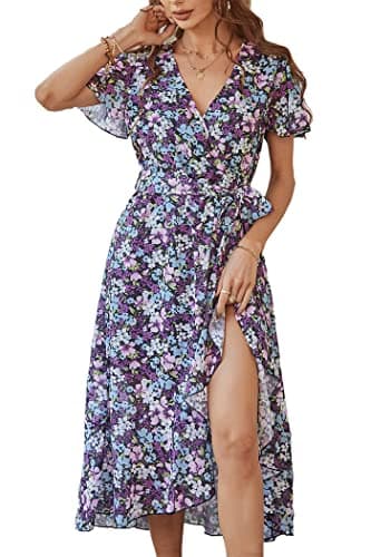 PRETTYGARDEN Women's 2024 Floral Boho Dress Wrap V Neck Short Sleeve Belted Ruffle Hem A-Line Flowy Maxi Dresses (Purple Floral,X-Large) - Image 1