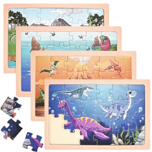 Wooderma Thickened Puzzles for Kids Ages 4-6, Wooden Puzzles for Toddlers, 4 Packs 24 PCS Dinosaur Puzzle, Preschool Educational Puzzle Toys for Boys and Girls 3 4 5 6 Years Old - Image 1