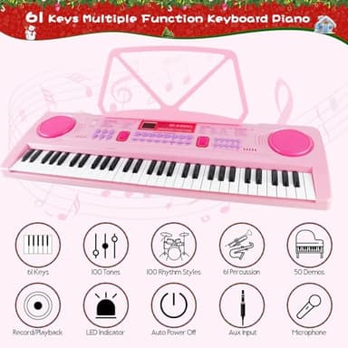 WOSTOO Kids Keyboard Piano, Portable 61 Keys Keyboard Electronic Digital Piano, Early Learning Educational Musical Piano Toy Keyboard for Beginners with Music Stand, Microphone (Pink) ﻿ - Image 5