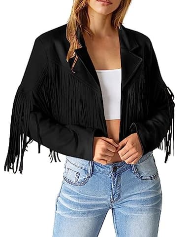PRETTYGARDEN Women's Fringe Faux Suede Leather Jackets Fall Fashion 2025 Tassel Motorcycle Cropped Coats (Black,XX-Large) - Image 2