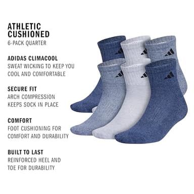 adidas Men's Socks, Athletic Cushioned Quarter 6-Pack, Ankle Fit with Arch Support - Image 2