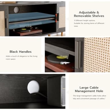 ZttRiee TV Stand for TVs up to 65'', Entertainment Center with Rattan Door, Shelves & 2 Cabinets, Boho Media TV Console for Living Room, Bedroom, Black - Image 5