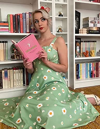 Women's Vintage Summer Floral Sage Green Dress Sleeveless Ruched A Line Flare Dresses Beach Sundresses Daisy Dress M - Image 3