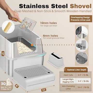 Fully Enclosed XXL Stainlessss Steel Litter Box with Lid, 8" Deep Pan, Large Stainless Steel Cat Litter Box for Big Cat with Scoop, Step Board, Mat, Brush, Odor-Free, Anti-Leak, Non-Stick (Light Gray) - Image 4