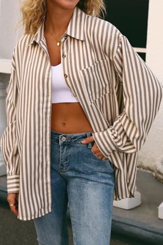 CHYRII Womens Striped Button Down Shirt Casual Long Sleeve Blouse Top Tan M - Image 6