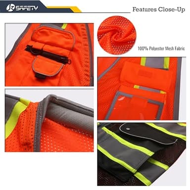 JKSafety 9 Pockets Hi-Vis Safety Vest High Visibility Reflecitive Mesh Safety Vests for Men and Women Cushioned Collar Work Utility PPE Work Gear ANSI/ISEA compliant Class 2 (101-OBlk M) - Image 2