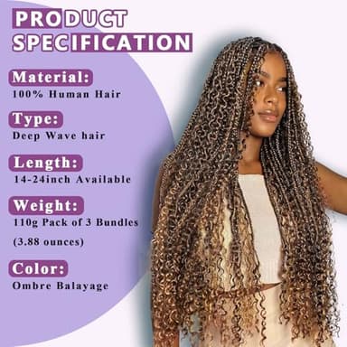 Afihond Human Braiding Hair For Boho Braids Deep Water Wave Human Bulk Braiding Hair 12A Brazilian Virgin Human Hair Extensions for Boho Braids 3 Bundles/Pack 110g 4P27 Highlight Ombre Balayage 22inch - Image 3