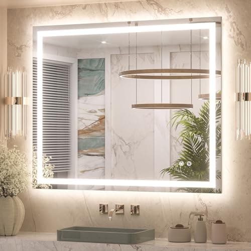 Keonjinn 42 x 36 Inch LED Bathroom Mirror with Lights, Bighter Frontlit & Backlit Vanity Mirror with Stepless Dimmable 3-Color, Anti-Fog Mirror for Wall, HD Tempered Glass, Memory Founction, CR90+ - Image 1